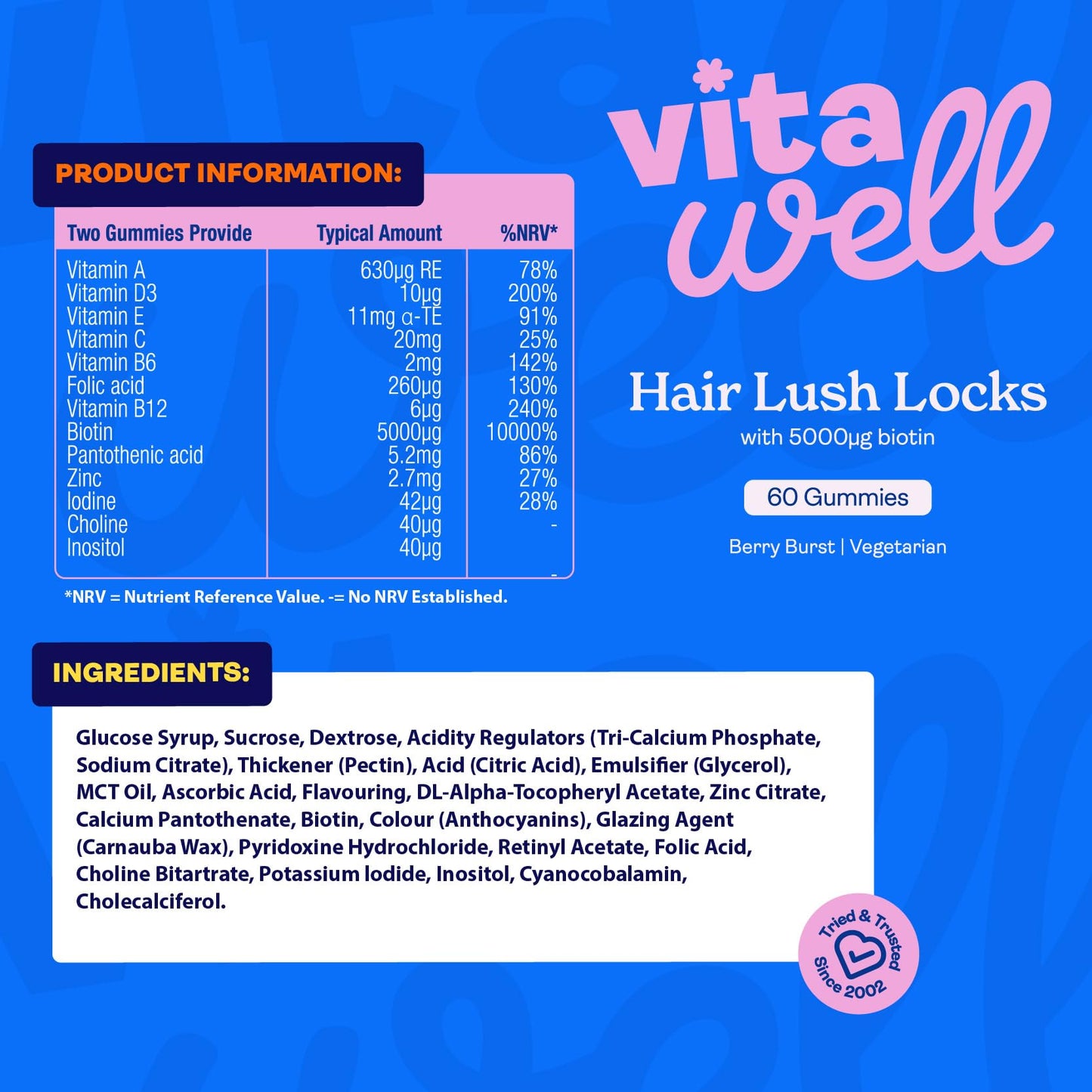 Vitawell Hair Lush Locks Gummies - Hair Growth + Skin + Nails Vitamins Chews | Complex Formula 5000µg Biotin + Zinc + Vitamin A, D3, C, B12 | 60 Berry Burst Flavour | Supplement for Men & Women