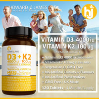 HOWARD & JAMES Vitamin D3 4000iu Plus Vitamin K2 100ug 120 High Strength Vegetarian Tablets