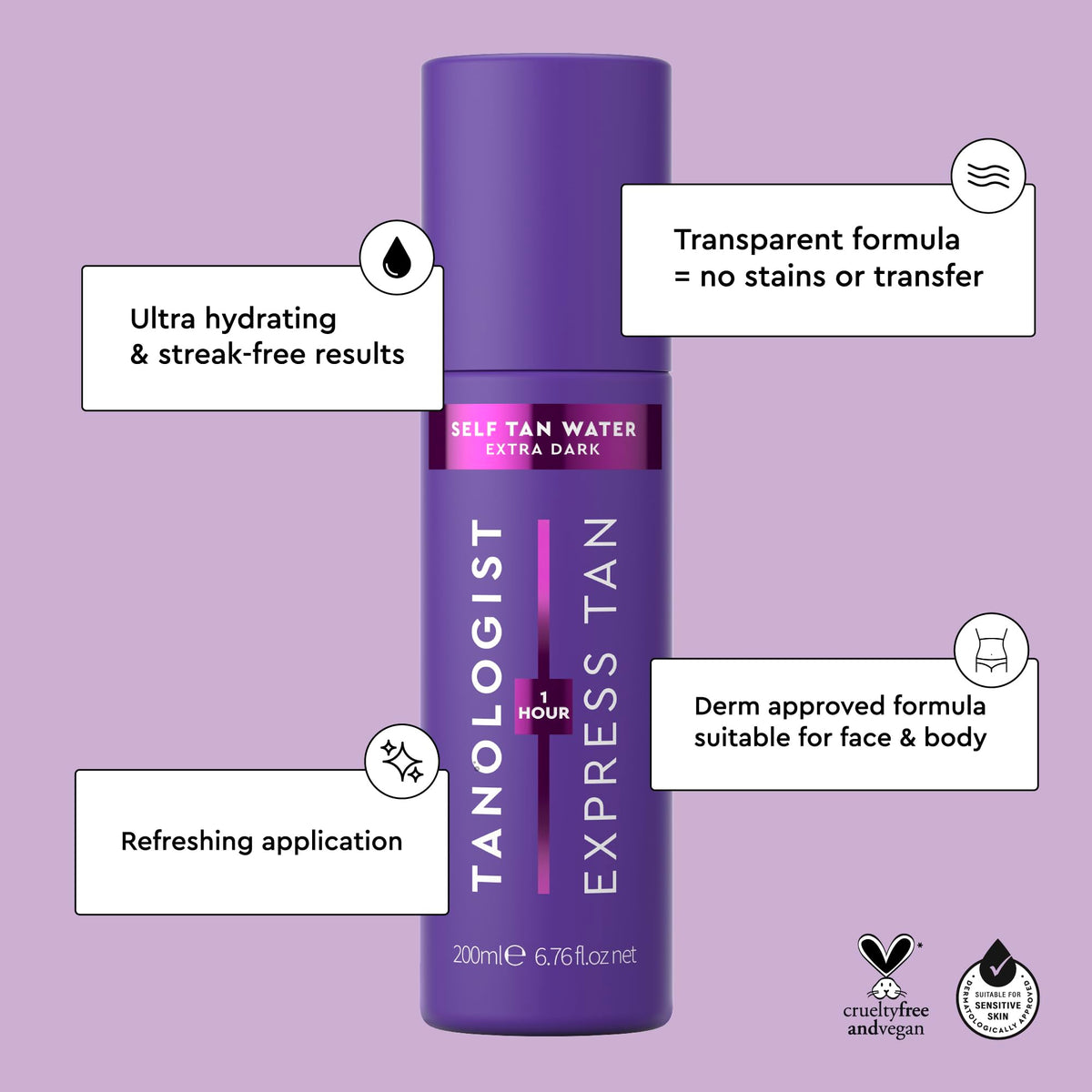 Tanologist Water, Extra Dark (200ml) Hydrating Self Tanning Water, Natural Ingredients & Vegan, Dermatologist Approved, Clean Ingredients & Vegan
