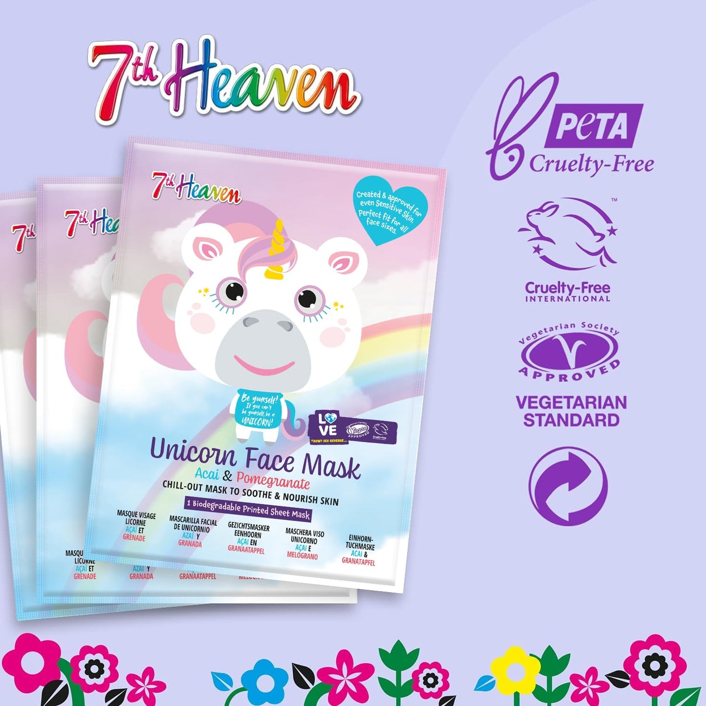 7th Heaven Unicorn Sheet Face Mask, Pack of 4 – Kid-Friendly Face Mask Sheets to Soothe and Nourish Skin (Ages 8+) – Acai & Pomegranate Face Masks Skincare Sheet