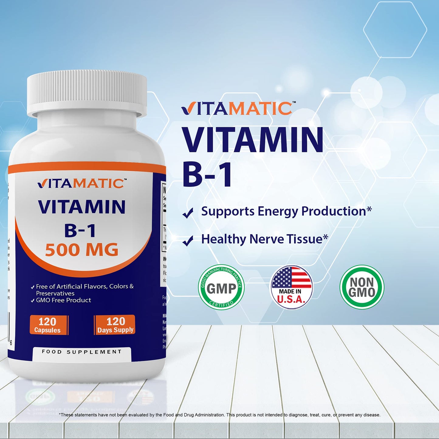 Vitamatic Vitamin B1 500mg as Thiamin - Helps Maintain a Healthy Nervous System, (120 Capsules)
