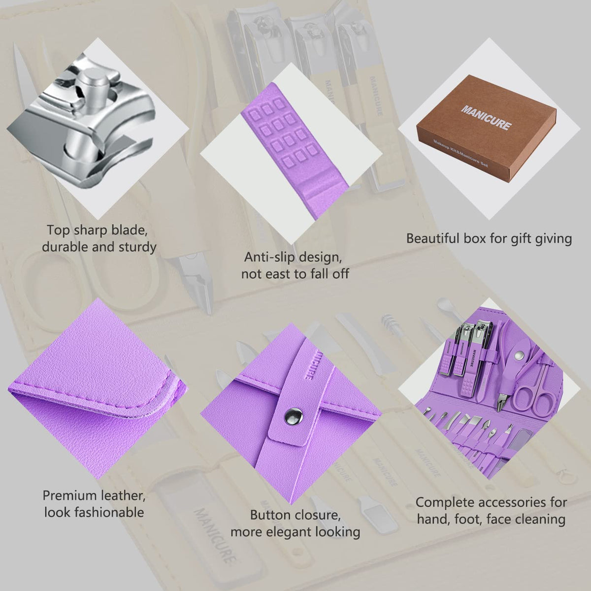 Leipple Manicure Set Professional Nail Clippers Pedicure Kit, 16 pcs Stainless Steel Nail Care Tools Grooming Kit with Luxurious Travel Leather Case for Thick Nails Men Women Gift (Violet)