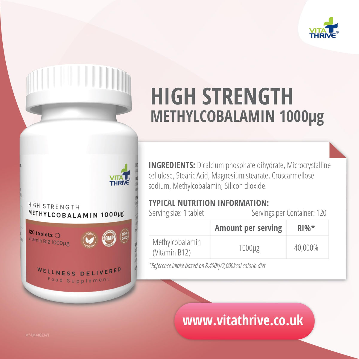 Vita Thrive VitaThrive® Vitamin B12 1000µg Tablets – High Strength Methylcobalamin Vitamin B12 Supplement for Energy, Cognitive Function & Nervous System Support – Vegan Tablets – 120 Tablets