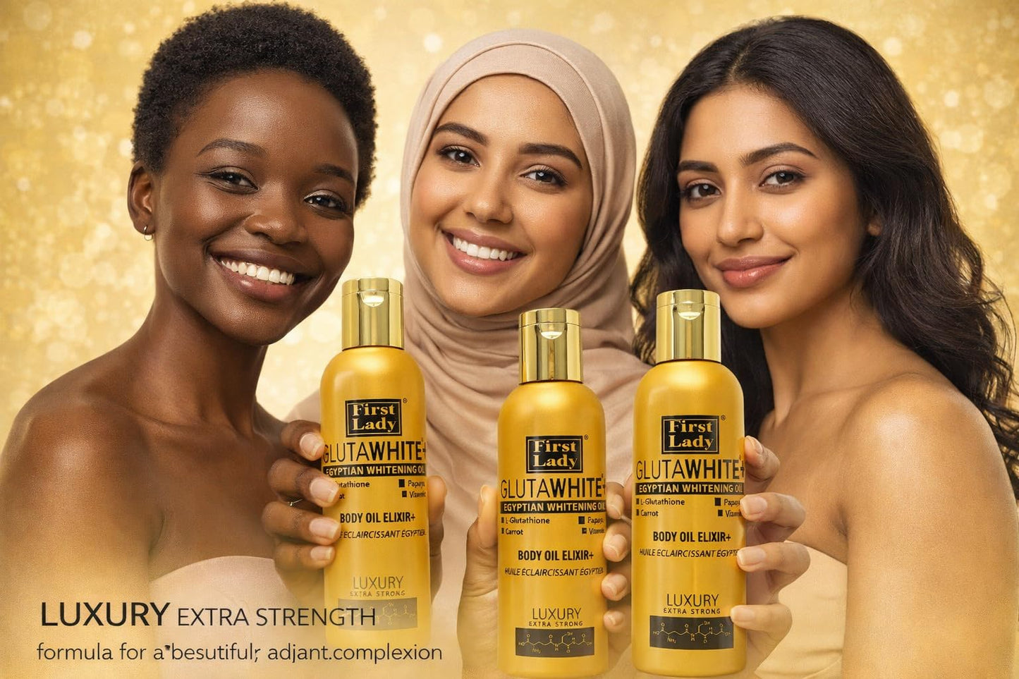 FIRST LADY GLUTAWHITE First Lady Glutawhite Gold Body Oil 200ml – Brightening Body Oil with Glutathione, Licorice Root & Vitamin E, Hydrating Skin Oil with Papaya, Carrot, Goat Milk & Bearberry