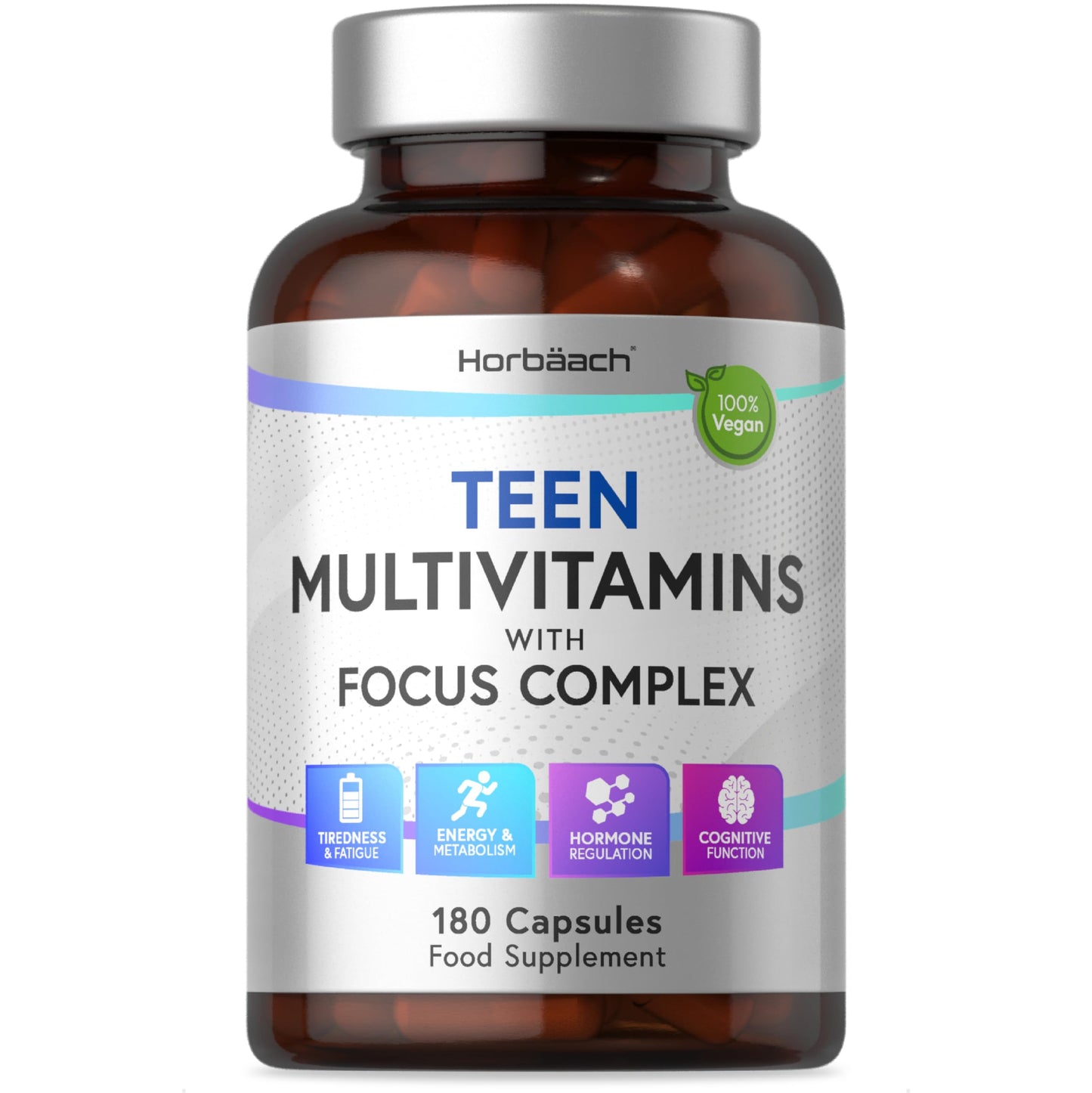Multivitamin Tablets for Teens | 180 Capsules | Focus Complex for Energy, Hormone and Cognitive Support | Vegan Supplement for Teenage Boys & Girls | by Horbaach