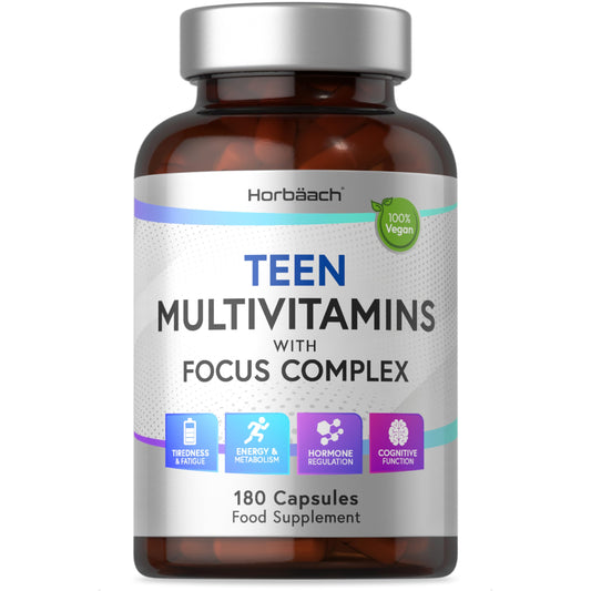 Multivitamin Tablets for Teens | 180 Capsules | Focus Complex for Energy, Hormone and Cognitive Support | Vegan Supplement for Teenage Boys & Girls | by Horbaach