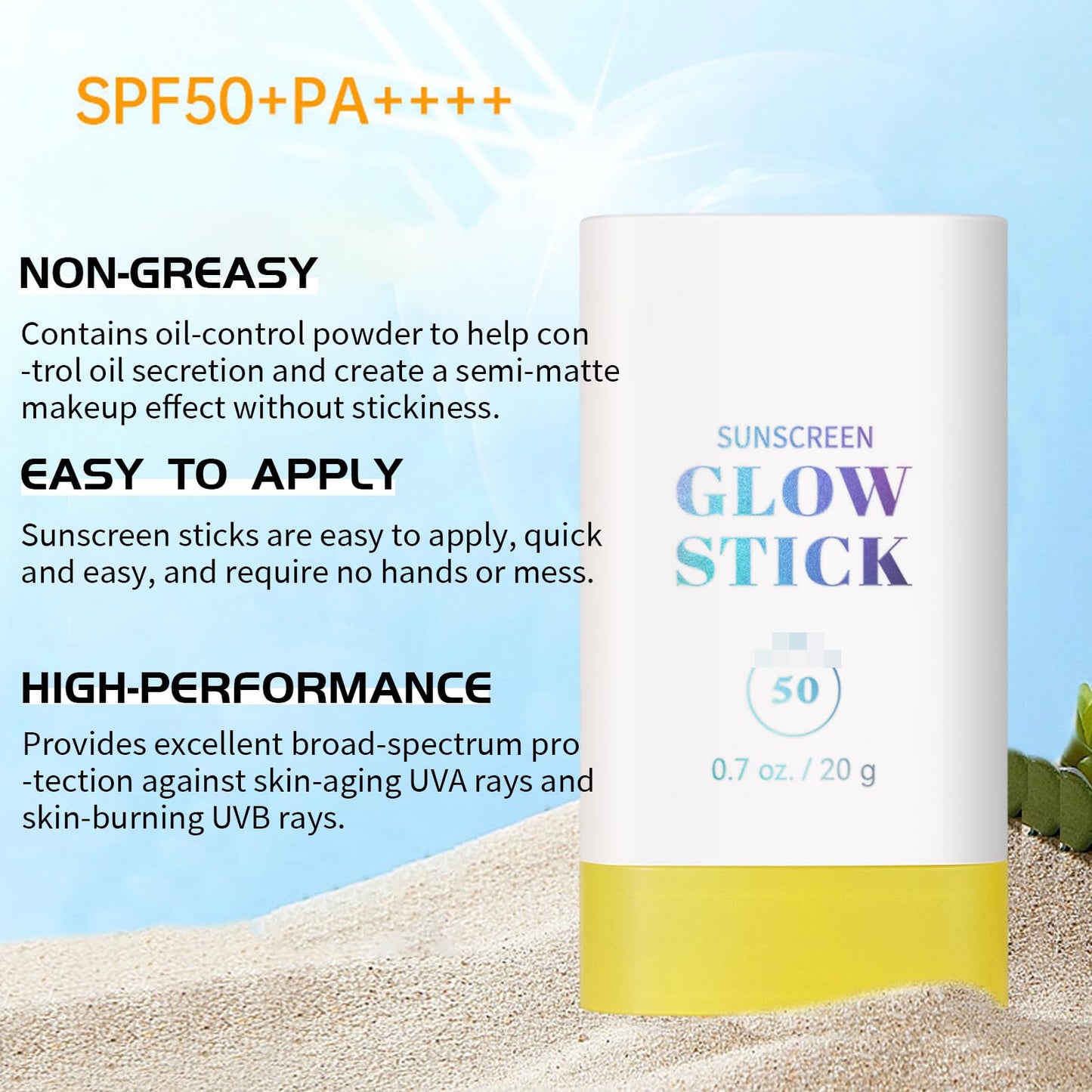 Sunblock Stick, Sun Stick SPF 50 Face, Effectively Blocks UV Rays, Small and Portable, Waterproof, Non-greasy, No Residue, Suitable for All Skin Types
