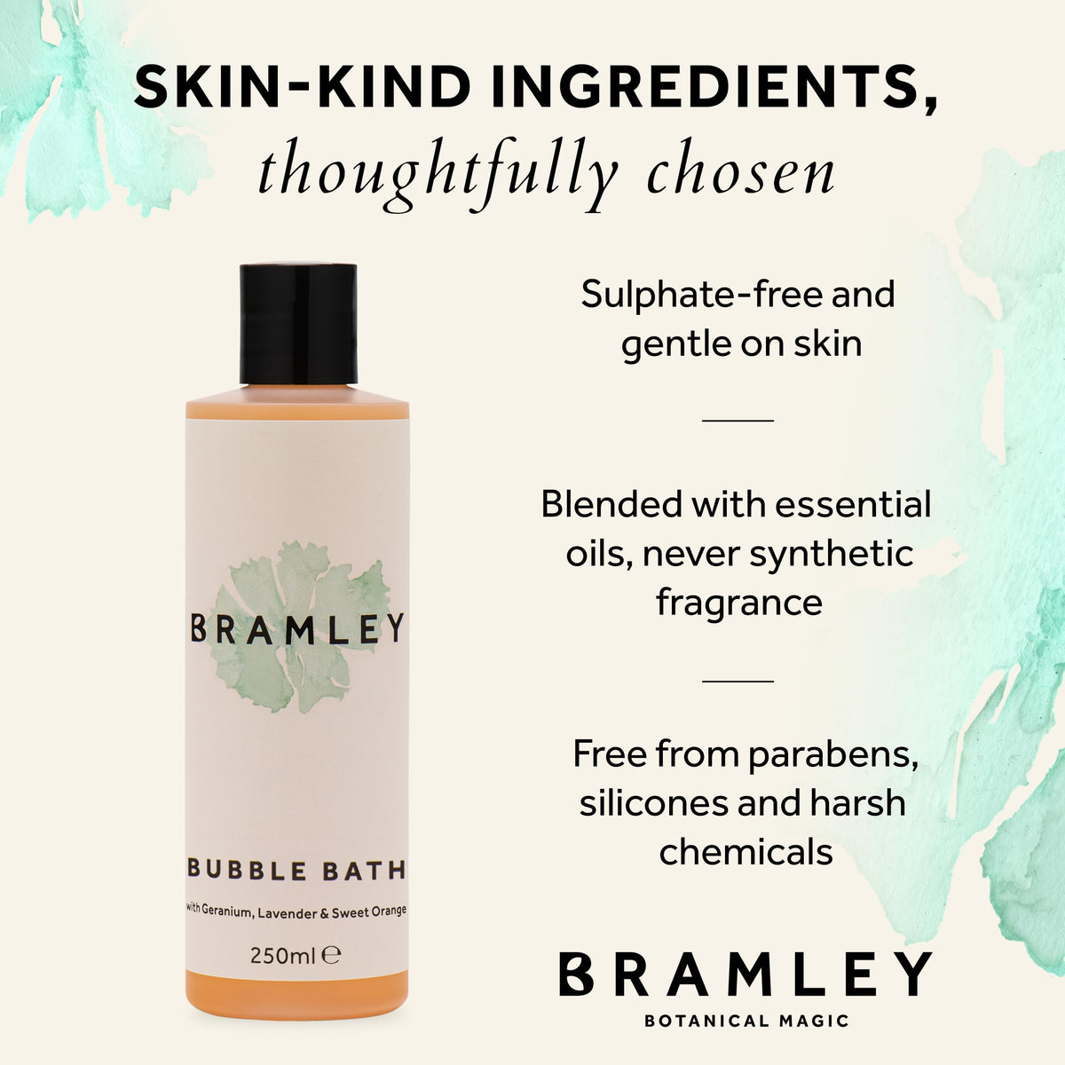 Bramley Products Bramley Lavender Bubble Bath (250ml), Bath Soak with Geranium & Sweet Orange Essential Oils, Vegan Natural Bubbles to Gently Cleanse & Soften
