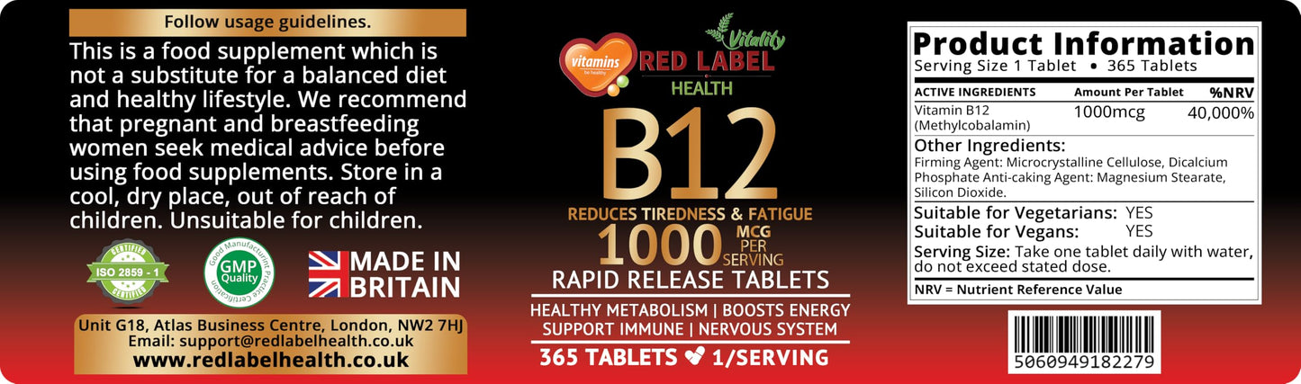 Red Label Health Vitamin B12 Tablets High Strength 1000mcg, 365 Tablets (1 Year Supply) Methylcobalamin B12 for Tiredness, Fatigue & Energy Vegan & Vegetarian-Friendly Made in The UK