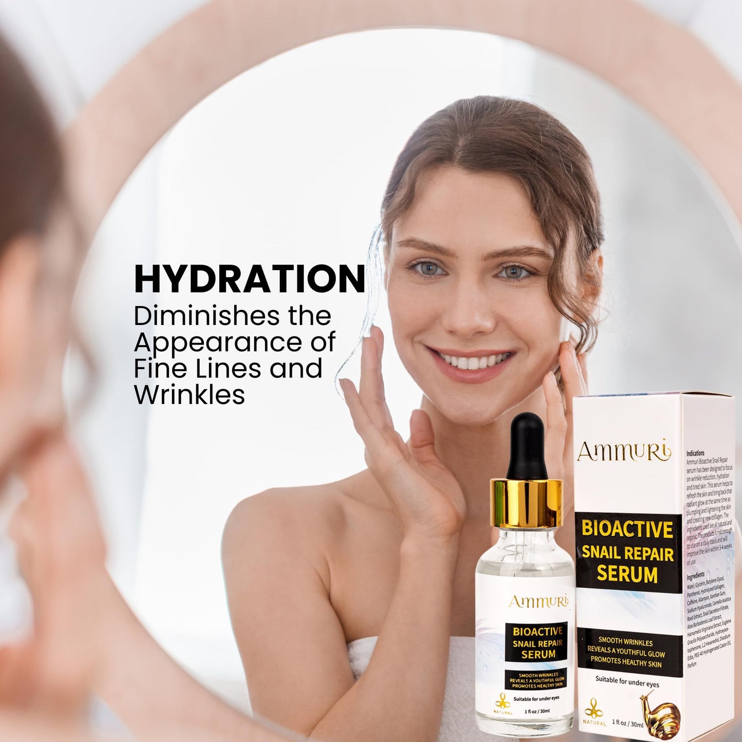Ammuri Snail Collagen Serum Snail Secret Filtrate 96%, Bioactive Snail Skin Repair Serum Snail Mucin, Snail Secretion Anti-Ageing, Hyaluronic Acid Essence for All Skin Types