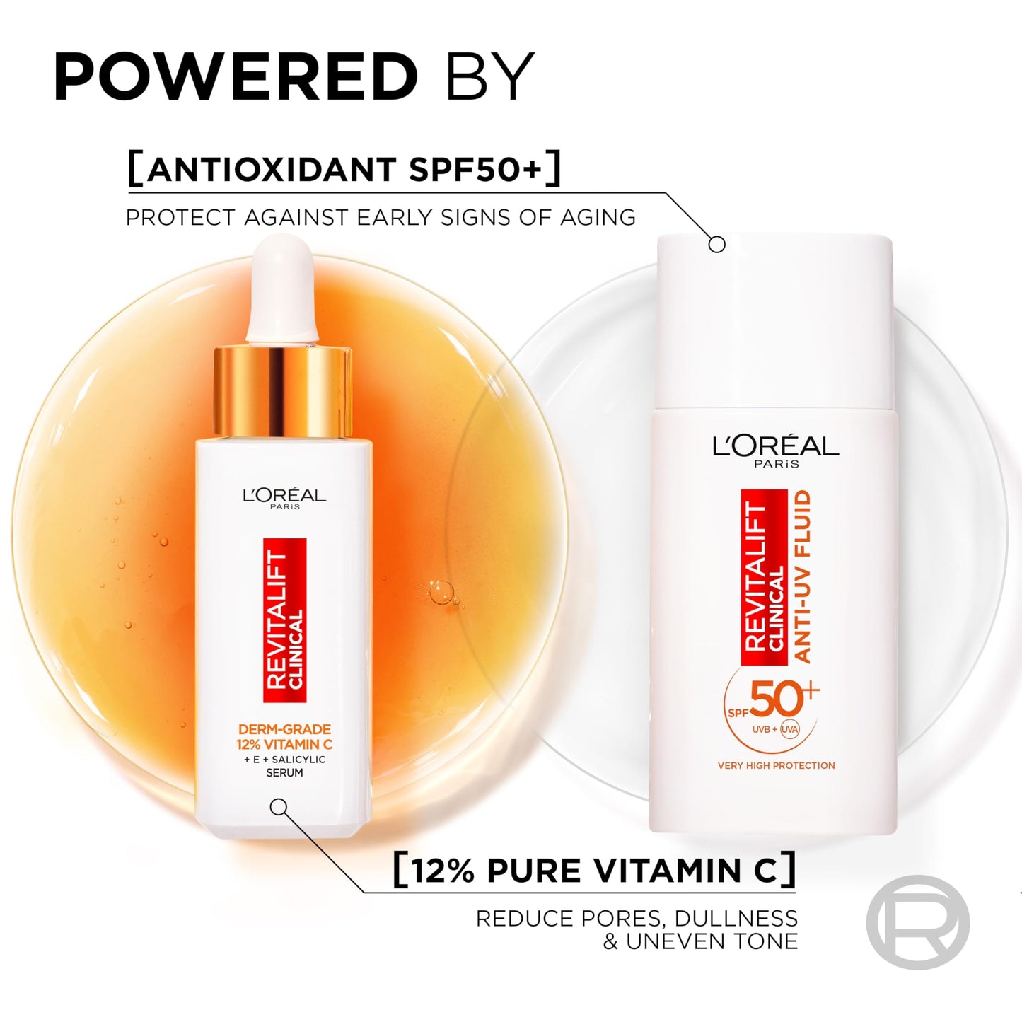 L'Oréal Paris Revitalift Clinical 12% Pure Vitamin C Serum (30ml) & SPF 50+ Invisible Fluid (50ml) Duo for Face, Antioxidant Protection, Brighter Smoother Skin, UV Protection