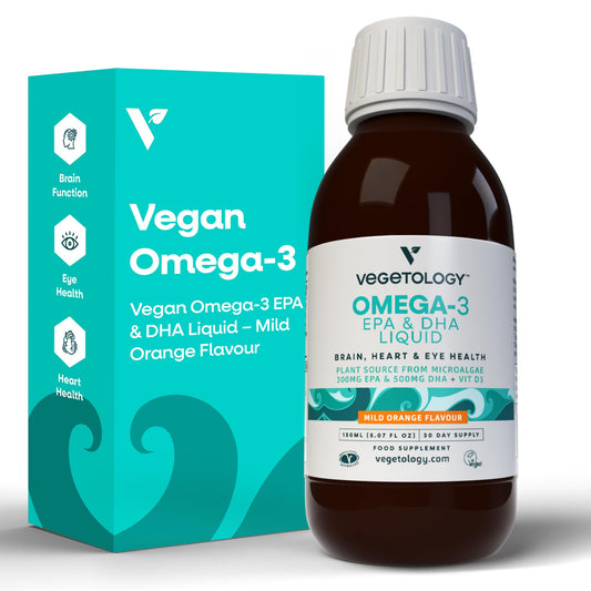 VEGETOLOGY Vegetology Vegan Omega 3 Liquid, from Microalgae, 800mg of EPA DHA, with Vitamin D3, Supports Heart, Brain, and Eye Health, Natural Fish Oil Alternative, UK Made, Mild Orange Flavoured