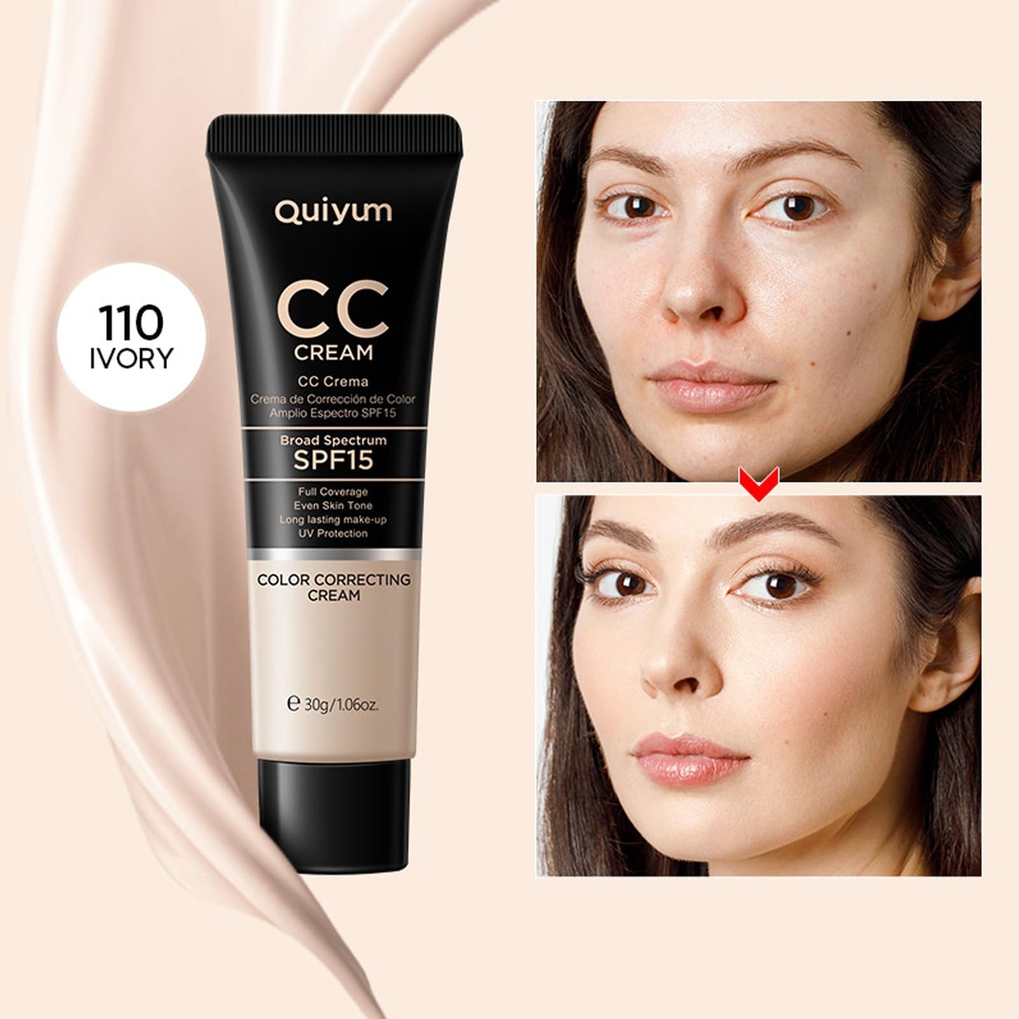EONFAVE CC Cream with SPF 15 - CC Cream Foundation Colour Correcting Cream, Anti-Redness and Colour Correcting - Lightweight Hydrating Formula - Full Coverage Face Concealer Makeup CC Cream