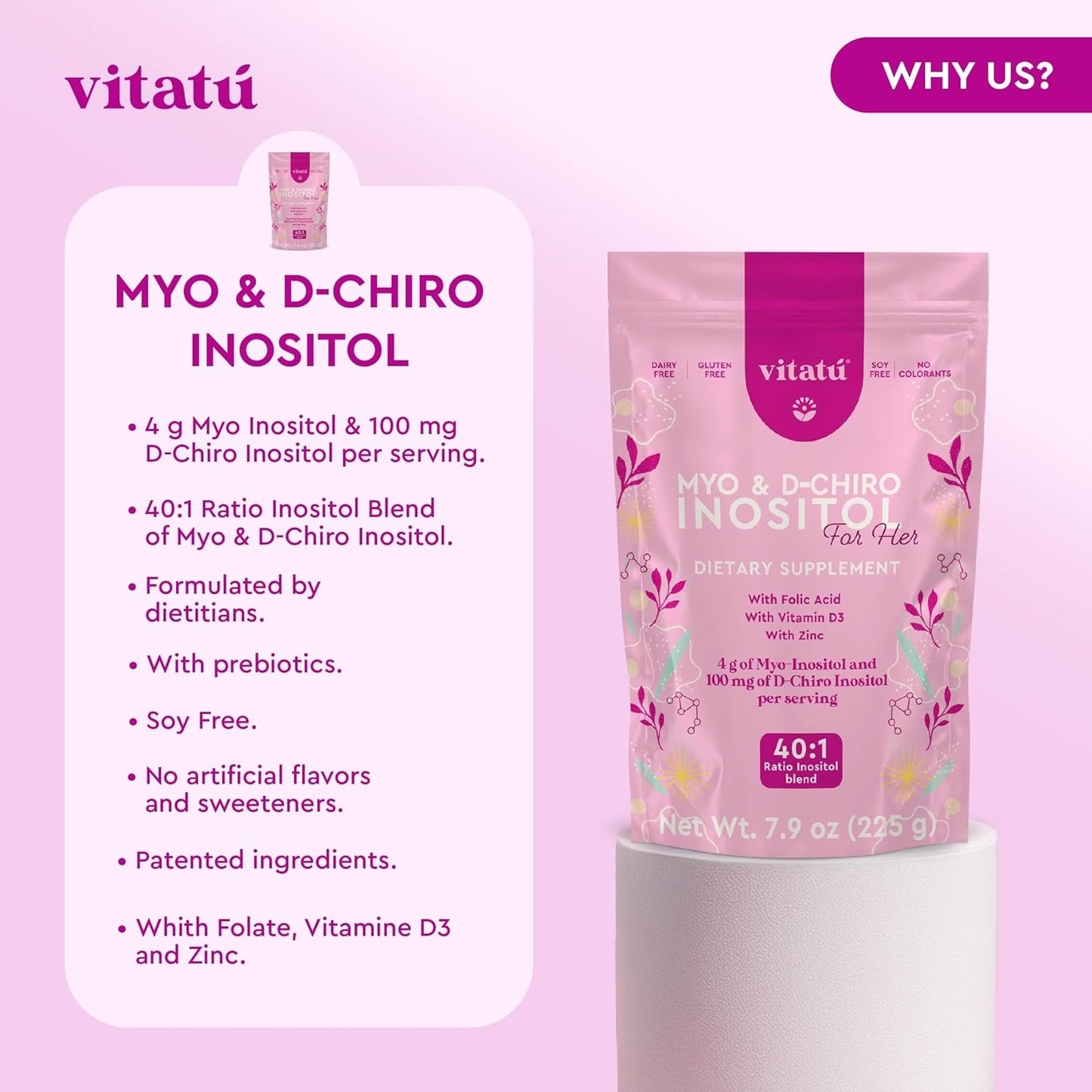 Vitatú | Myo Inositol (4g) & D-Chiro Inositol (1g) Ideal Mix 40:1 | Duration 45 Days | with Folic Acid + Vitamin D3 + Zinc, Powdered Dietary Supplement for Women (225 g)