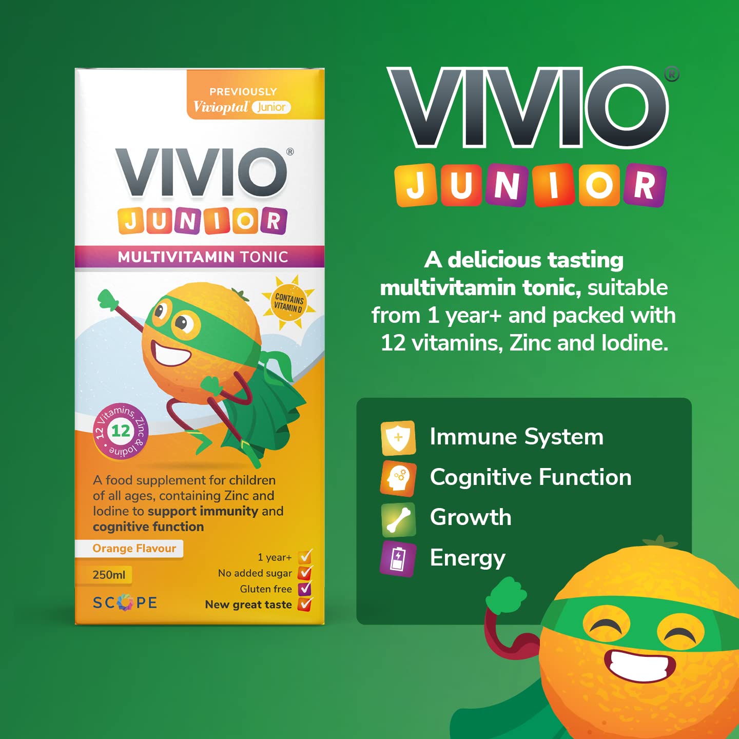 VIVIO JUNIOR VIVIO Junior Multivitamin Tonic for Kids – 12 Added Vitamins Plus Zinc & Iodine to Support Your Child’s Immunity & Cognitive Function - Orange - 250ml