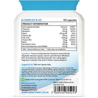 Health4All Vitamin B Complex B-50, 90 Capsules - 3 Months Supply, Hight Potency, Vegan