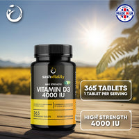 Vitamin D3 4000 IU – 365 Vegetarian D3 Easy Swallow Micro Tablets | Highest Strength Cholecalciferol VIT D3 - Vegetarian Certified - UK Made Sash Vitality | Support Mood | Supports Bone Health