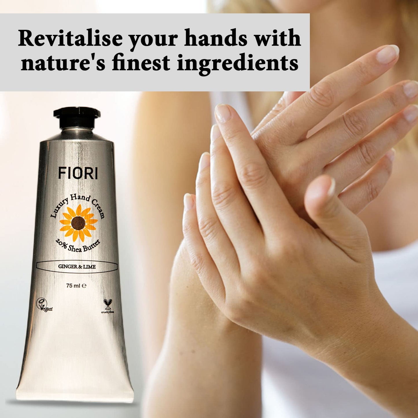 Fiori Ginger & Lime Hand Cream (75ml) - Moisturizing Dry Hand Cream with Organic Shea Butter & Aloe Vera - Vegan Hand Moisturizer - Nourishing Hand Lotion - Luxurious Hand Care