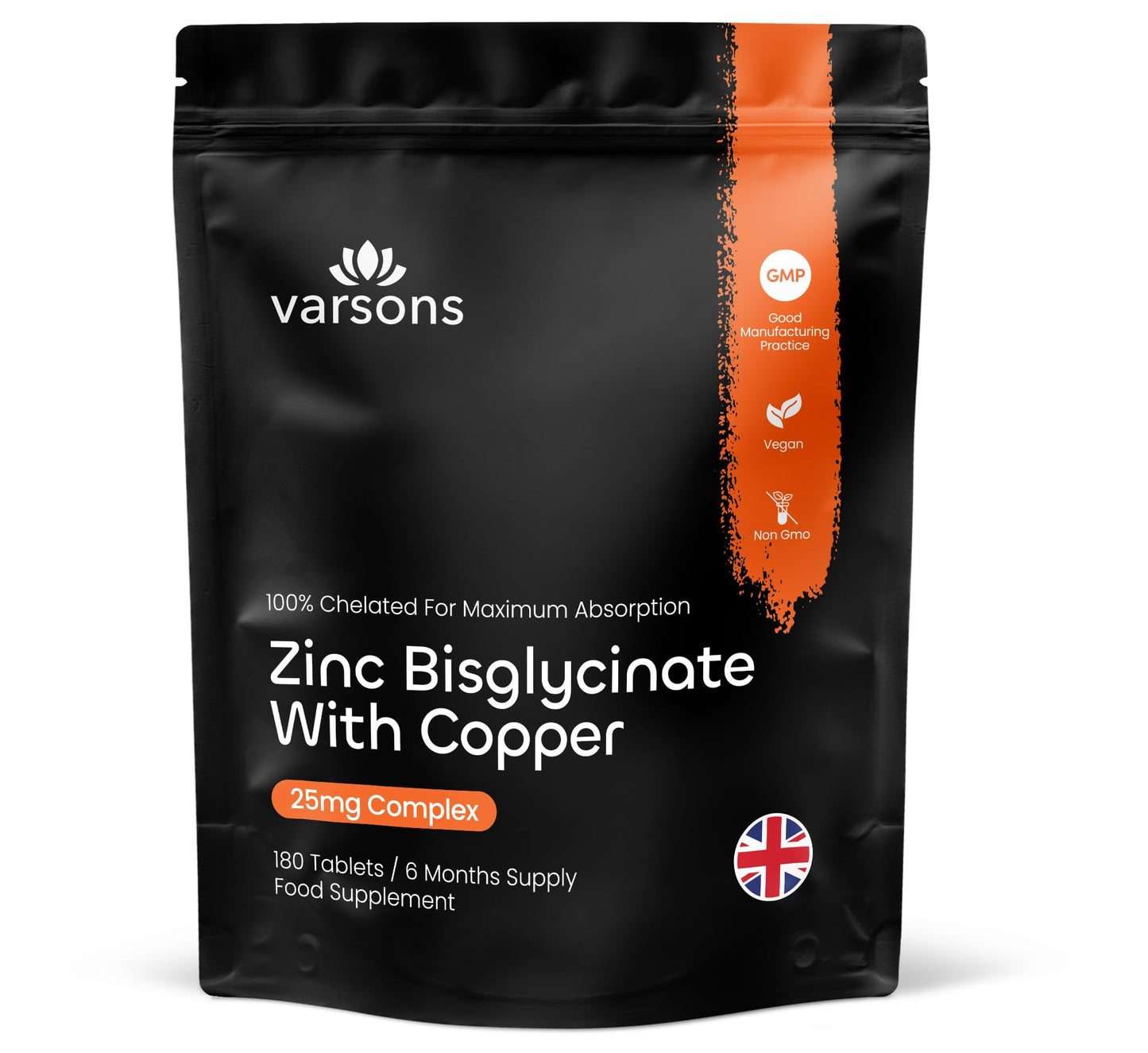 varsons Zinc Bisglycinate 25mg with Copper - Chelated High Absorption Zinc Supplements for Immunity, Skin, Bones & Hair - 6 Month Supply, Vegan-Friendly & Magnesium Stearate-Free