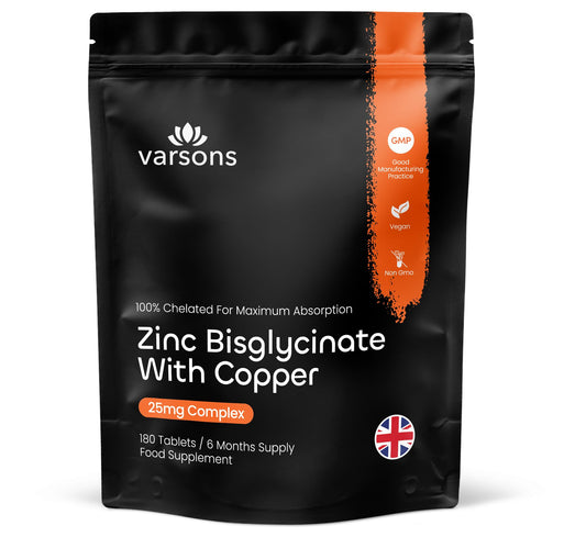 varsons Zinc Bisglycinate 25mg with Copper - Chelated High Absorption Zinc Supplements for Immunity, Skin, Bones & Hair - 6 Month Supply, Vegan-Friendly & Magnesium Stearate-Free