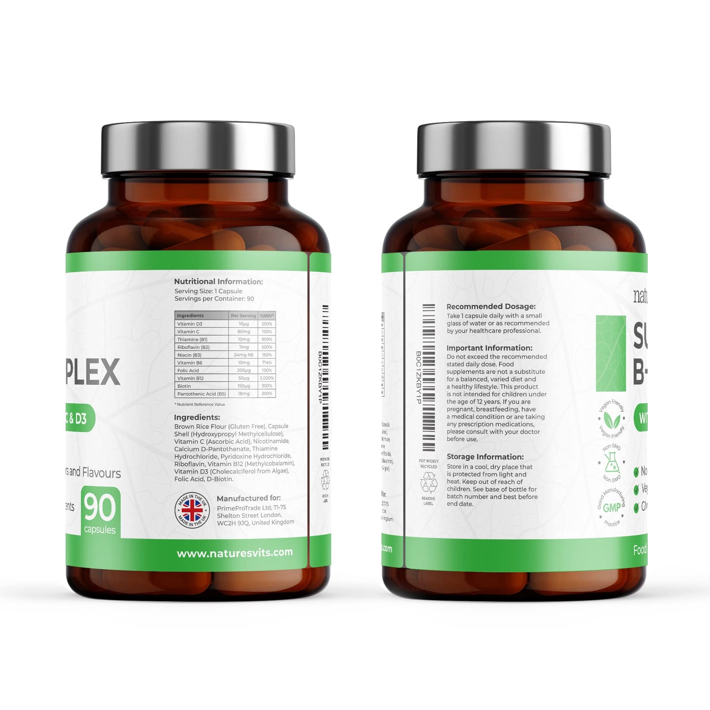 High Strength Vitamin B Complex, 90 Capsules - Contains Vitamin C and D, Folic Acid, Biotin, Thiamine, Riboflavin, Niacin, Pantothenic Acid and More - Supplements for Fatigue