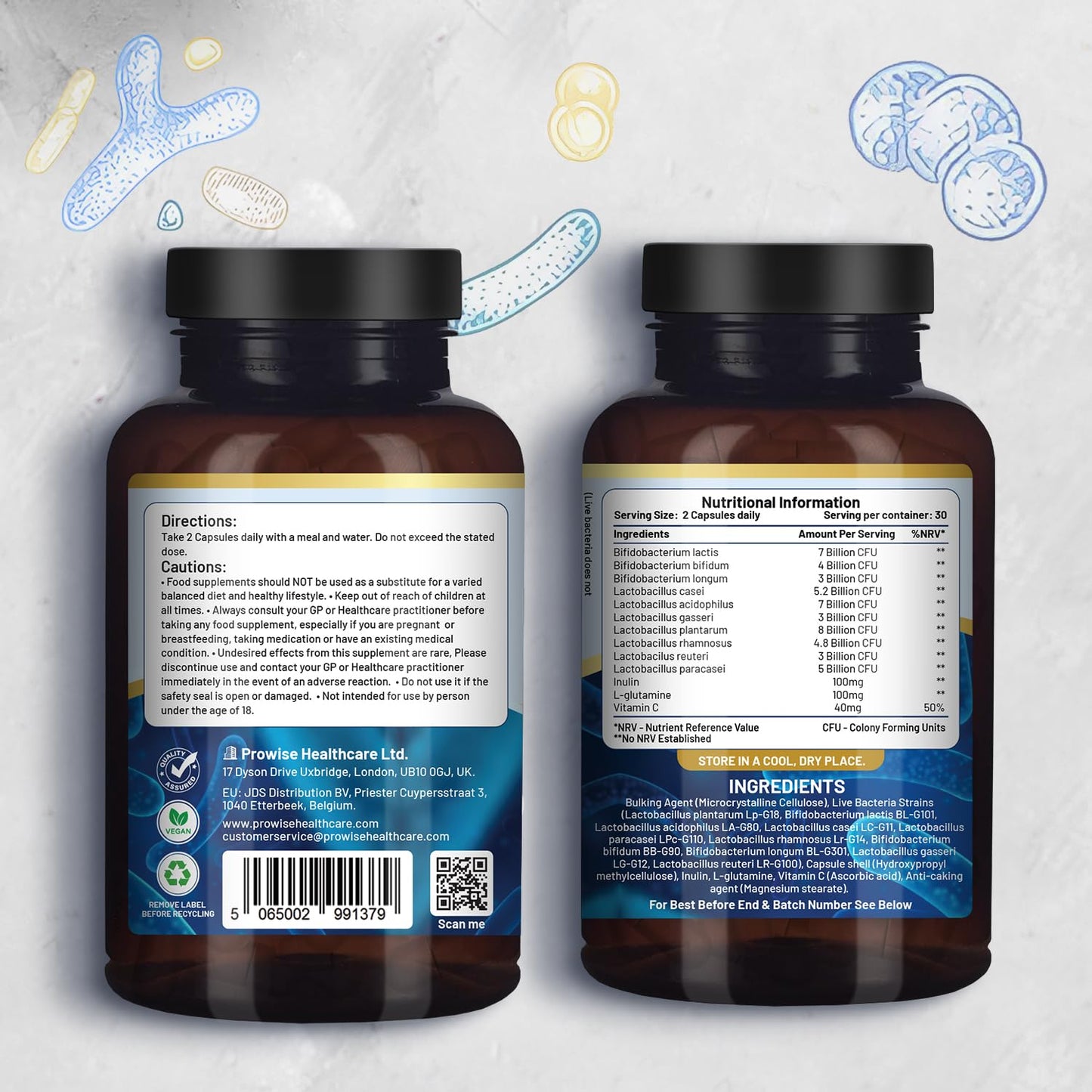 Bio Cultures Complex Probiotics and Prebiotics - 50 Billion CFU - 10 Live Bacteria Strains – Added with Inulin, L-Glutamine & Vitamin C - 60 Capsules | Advanced Probiotic for Women & Men by Prowise