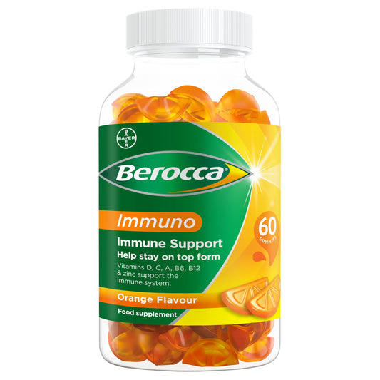 Berocca Immuno Multivitamin Gummies - Immune System Support including Vitamin D, C, A, B-Complex (B6, B7, B12), E and Zinc - Supplement for women, men and kids - 60 Gummies - Orange Flavour