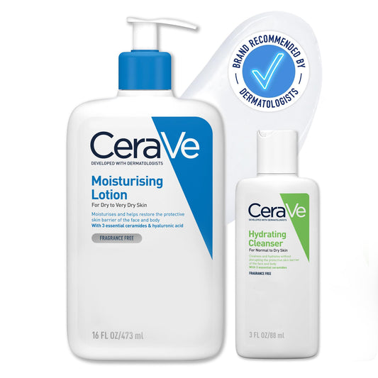 CeraVe Face & Body Routine for Dry Skin Travel Essentials- Moisturising Lotion 473ml & Hydrating Cleanser 88ml