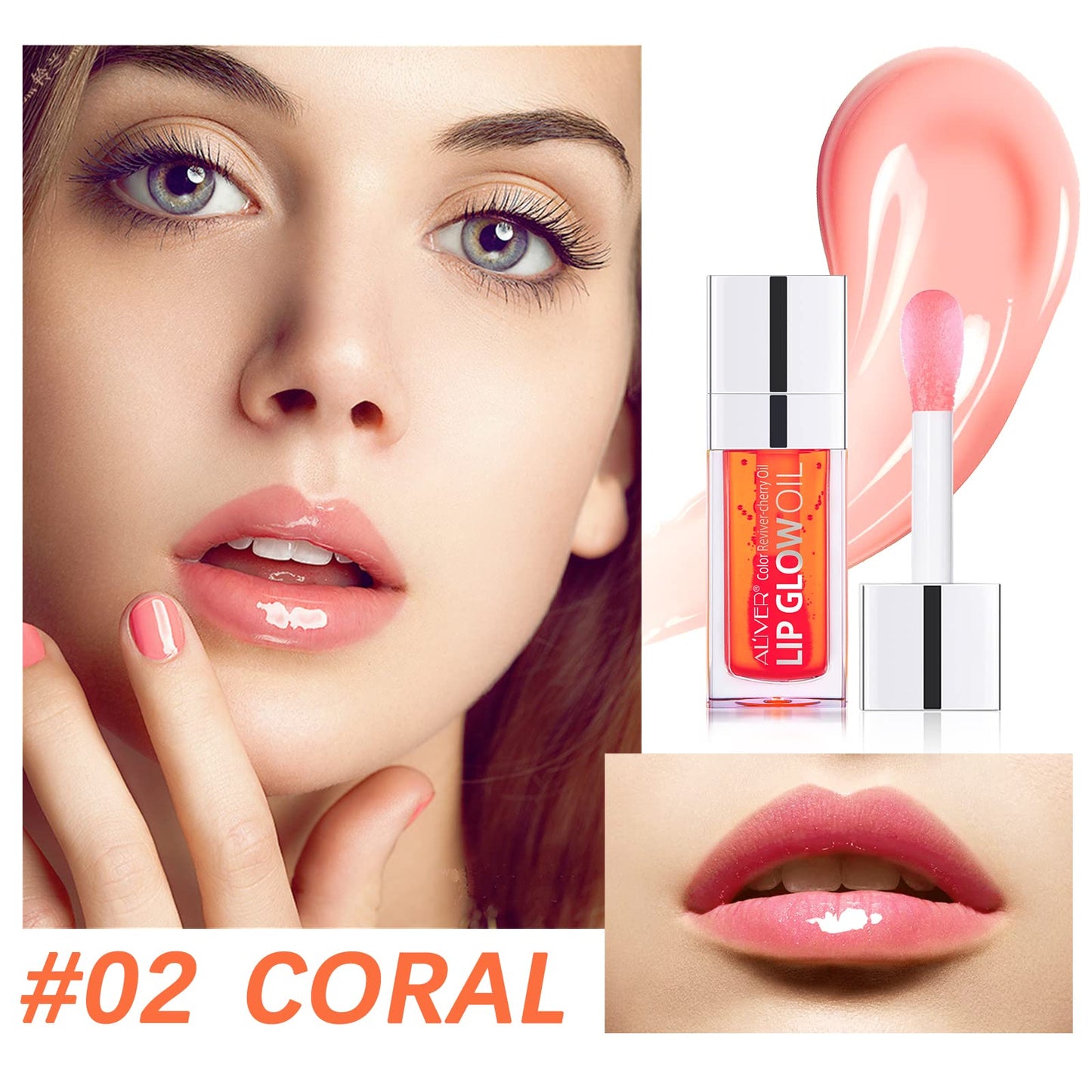 Uocasi Plumping Lip Oil, Hydrating Lip Gloss Tinted Lip Balm Transparent Lip Care, Big Brush Head Glitter Shine, Long Lasting Nourishing Non-sticky Fresh Texture (#2 Coral), 1 count