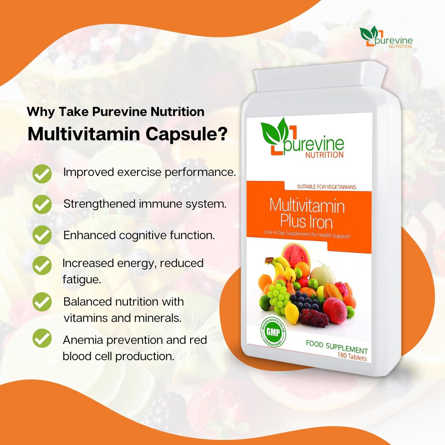 Purevine Nutrition Multi Vitamins with Iron Supplement - 180 Tablets - Daily One A Day Multivitamin with Vitamin C, B, A and D – Immune Support Suitable for Men and Women - UK Manufactured to GMP Standards