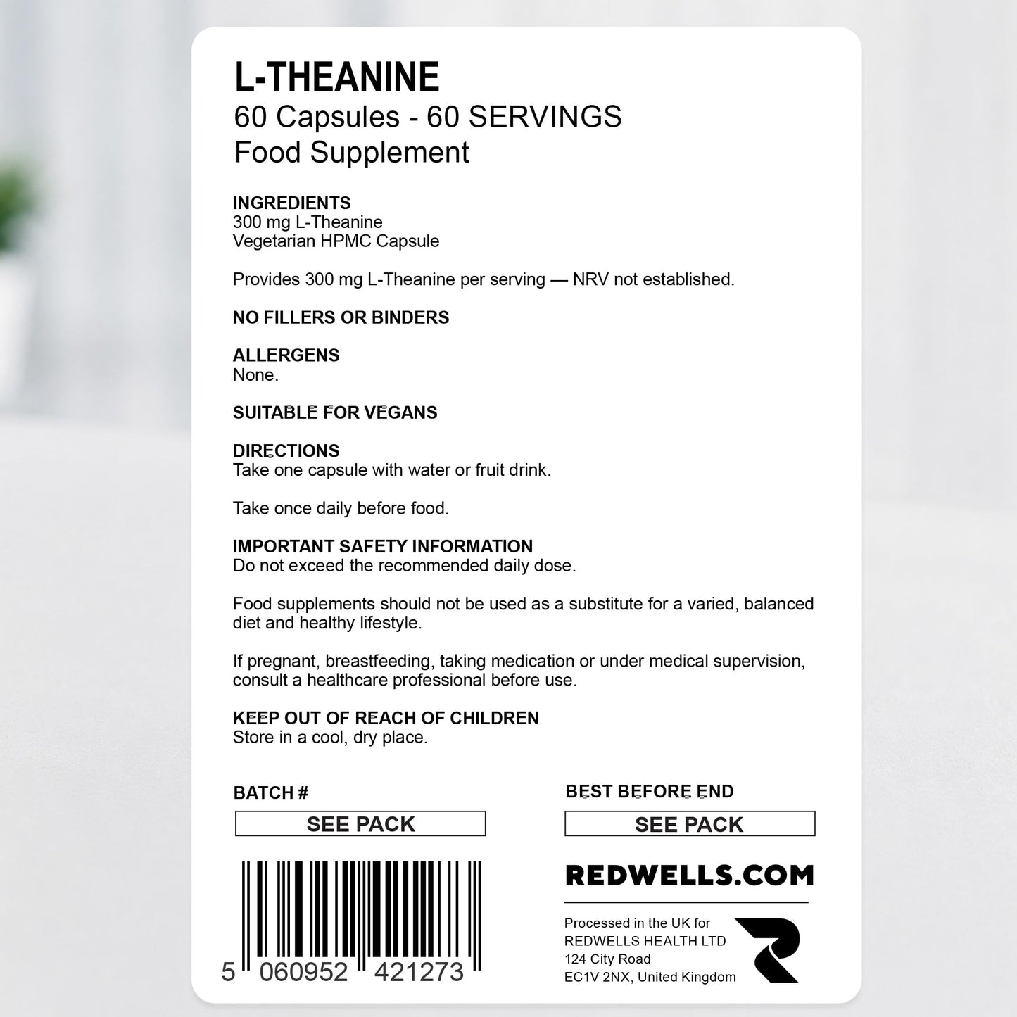 L-Theanine Capsules REDWELLS Anxiety Stress No Additives Strong 300mg - 60 Pack