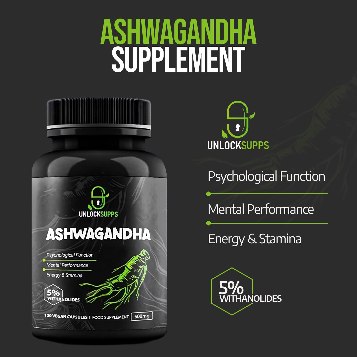 UNLOCKSUPPS UnlockSupps Ashwagandha 500mg - 120 Capsules | Relieve Stress & Boost Stamina | Ashwagandha Capsules with Pure Withania somnifera Root | No Preservatives, Gluten-Free