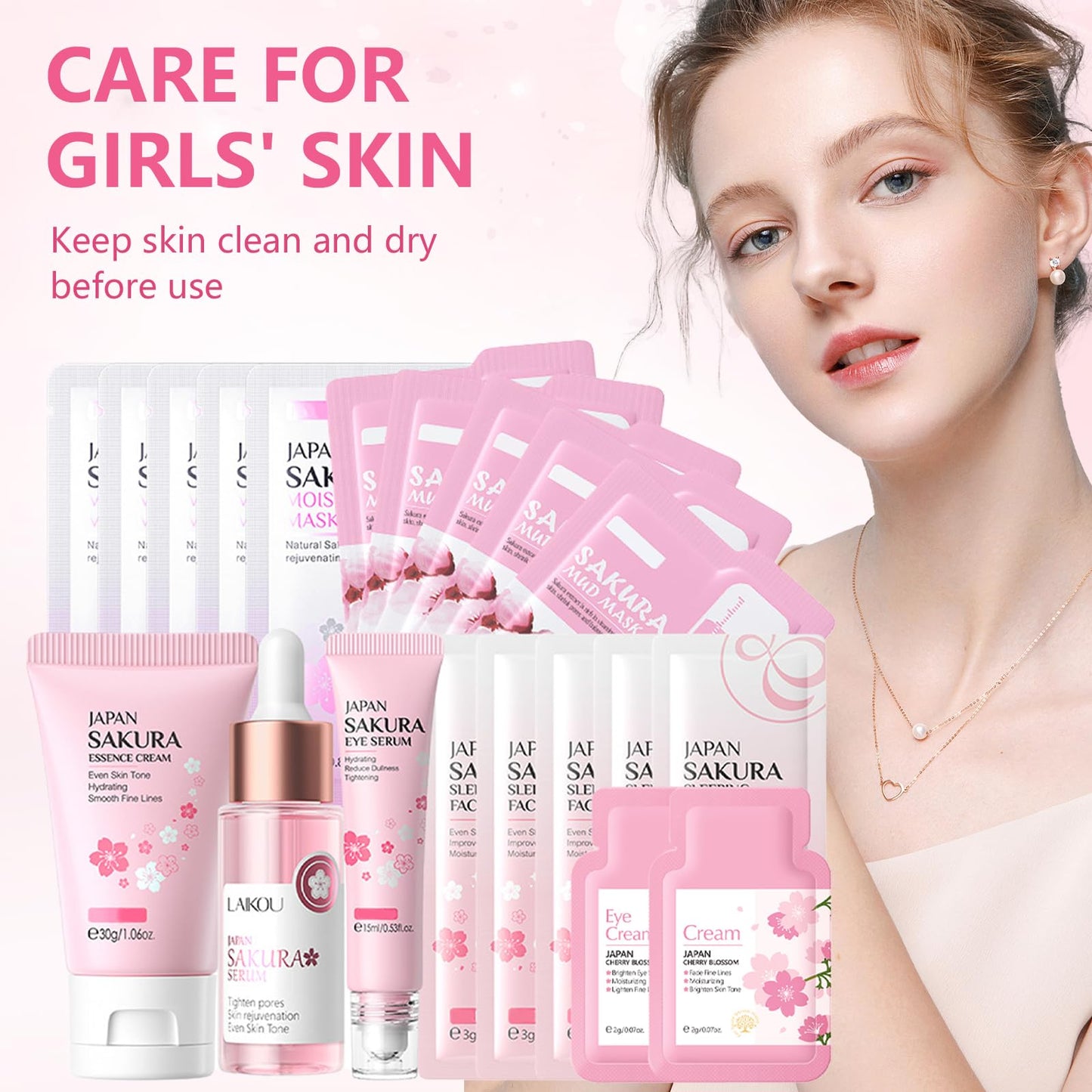 Asheyya Sakura Skincare Set & Kits, Skin Care for Teenage Girls, Skincare for Kids with Face Cream, Face Serum, Lip Mask, Sleep Mask, Eye Mask, Mud Mask(20 Pcs)