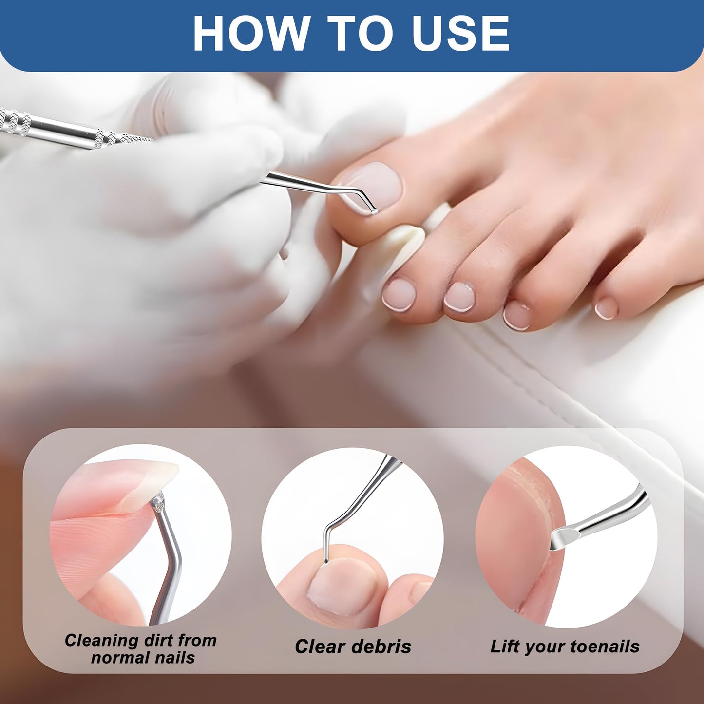 QACUU 3PCS Stainless Steel Ingrown Toenail Tool Set – Double Ended Cuticle Set and Metal Nail File for Toenail Care, Podiatrist Preferred Kit for Removing Debris and Cleaning Nail Grooves