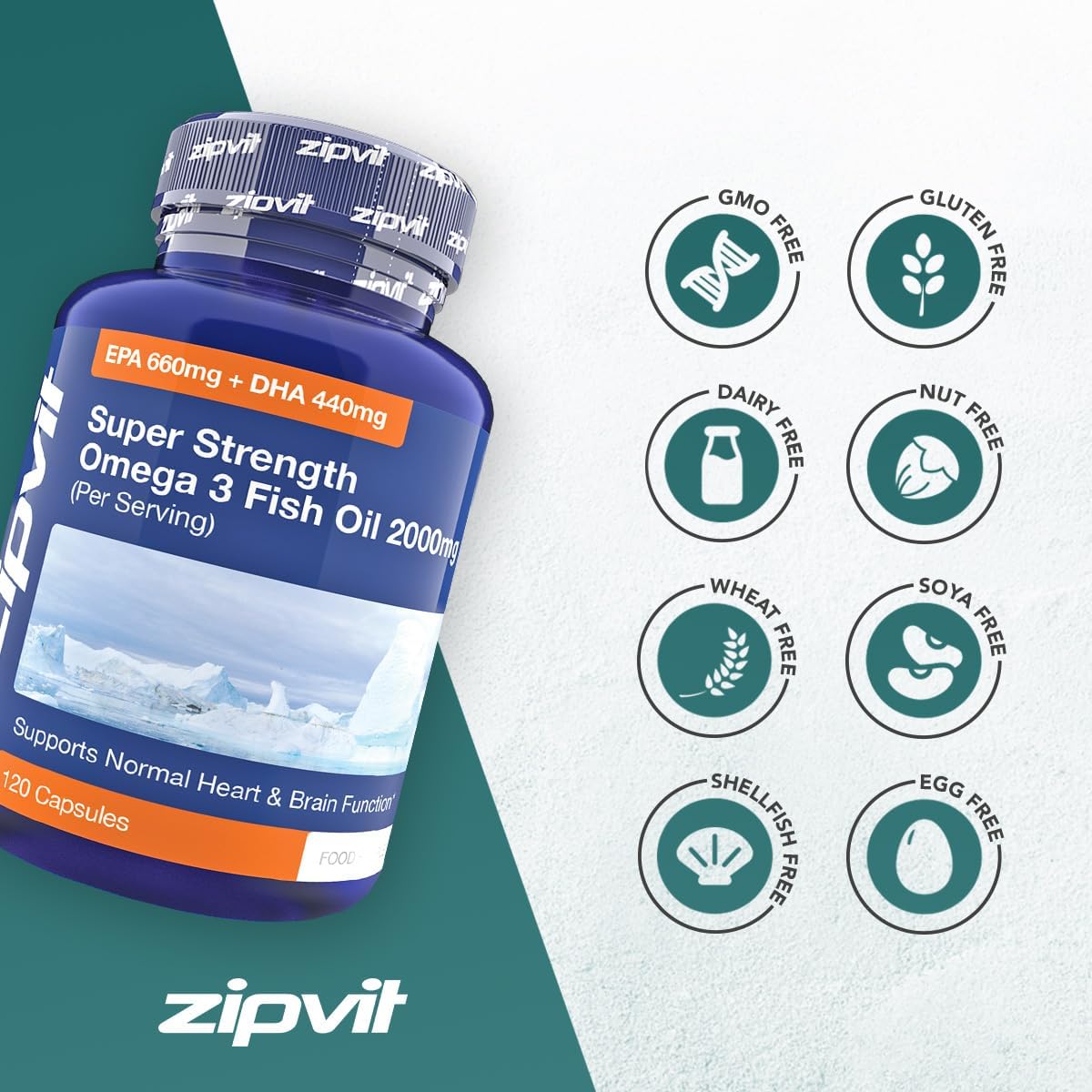 Zipvit Omega 3 Fish Oil 2000mg, EPA 660mg DHA 440mg per Daily Serving. 120 Capsules (2 Months Supply). Supports Heart, Brain Function and Eye Health. 2 Capsules Per Serving