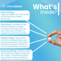 VL Vita London Biotin for Hair Growth Women & Men 10,000ug | Hail, Skin and Nails Vitamins Growth Complex with Zinc & Selenium & Rosemary | 120 Biotin Tablets (not Gummies, Capsules or serum) | Vegan, UK Made