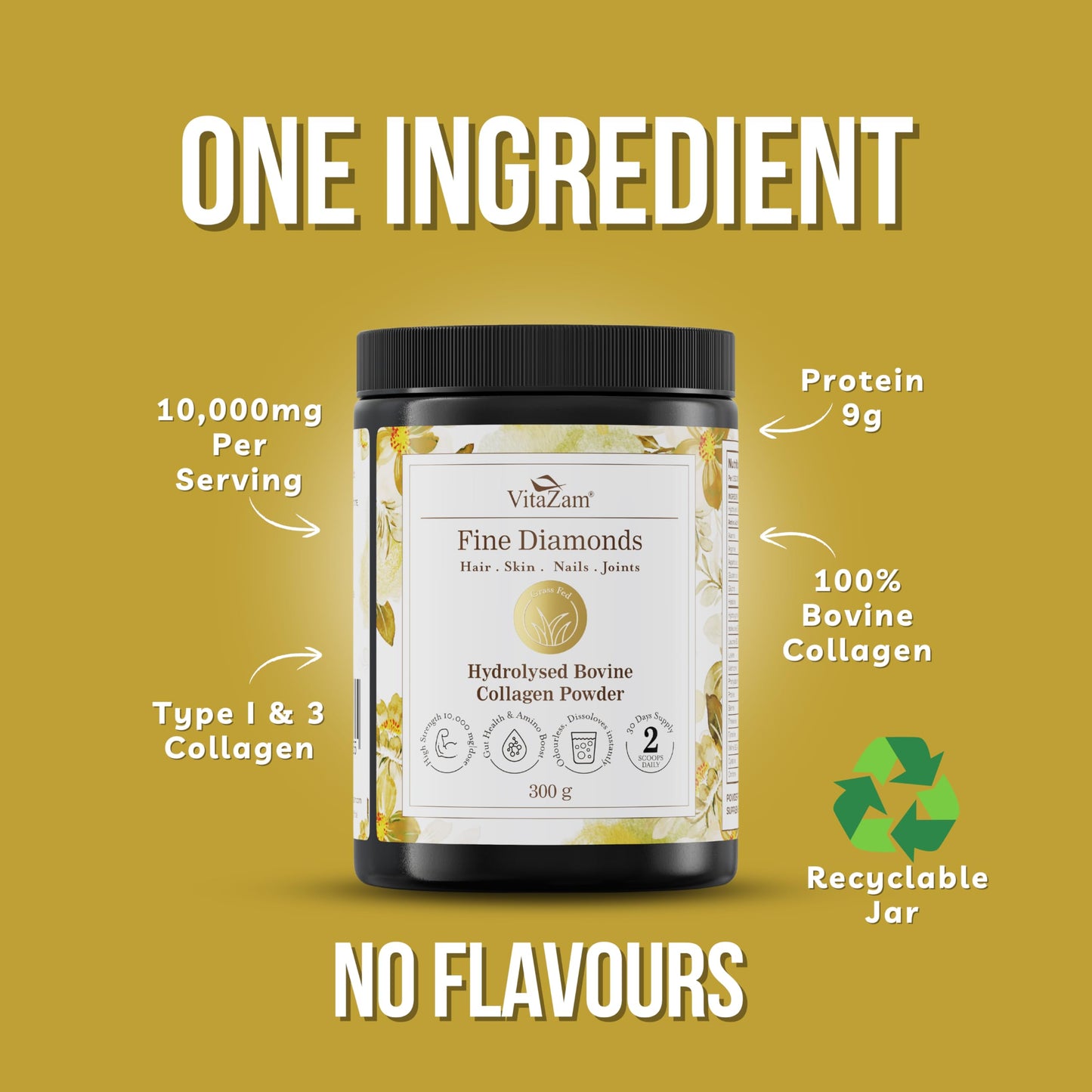 VitaZam Grass Fed Collagen Peptides Powder –Hydrolysed Type 1&3 unflavoured Collagen Protein Supplement for Healthy Skin, Nails, & Joints-Easy Mixing, Vital Bovine Collagen for Women & Men 30 Servings