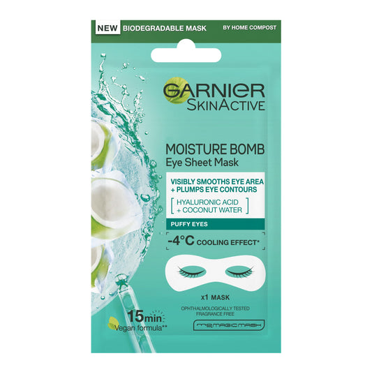 Garnier Moisture Bomb Coconut Water Eye Mask, With Hyaluronic Acid And Coconut Water, Hydrating & Replumping Under Eye Mask, Help Reduce Appearance of Fine Lines, Vegan Tissue Mask, 6g