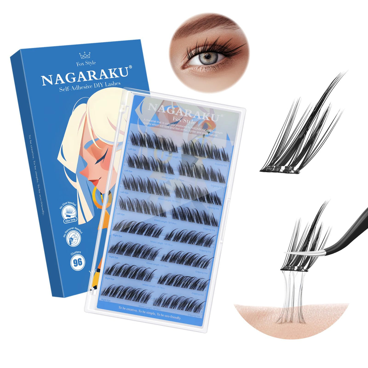 NAGARAKU Pre Glued Cluster Lashes 96 Pcs No Glue Needed Press-on Pre-bond Eyelashes Reusable Self Adhesive DIY Lashes Fox Style (SA-10,0.07mm C Curl 10-14mm)