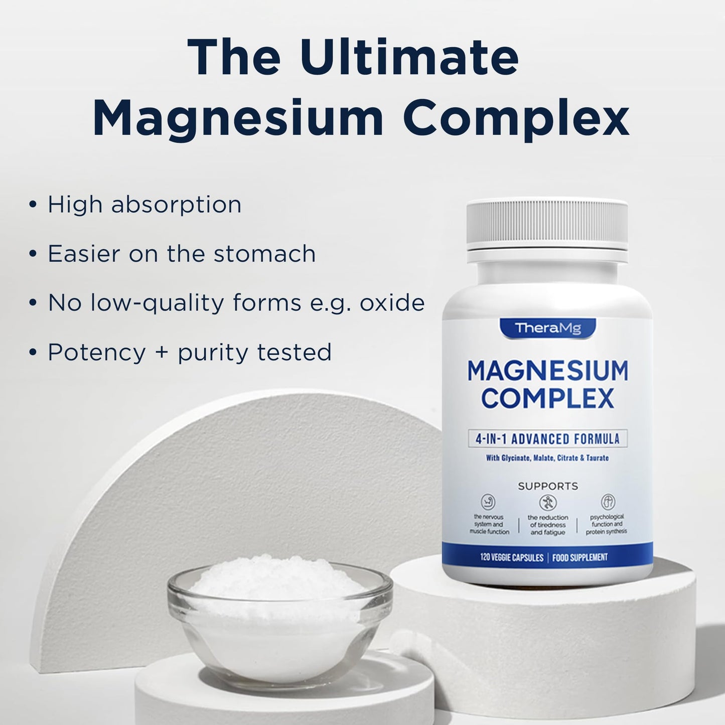 TheraMg Magnesium Glycinate 4-in-1 Complex - Citrate, Malate & Taurate for Sleep, Tiredness, Muscles & Nervous System - 300mg Elemental Magnesium - High Strength, Chelated, Vegan - 120 Capsules - Made in UK