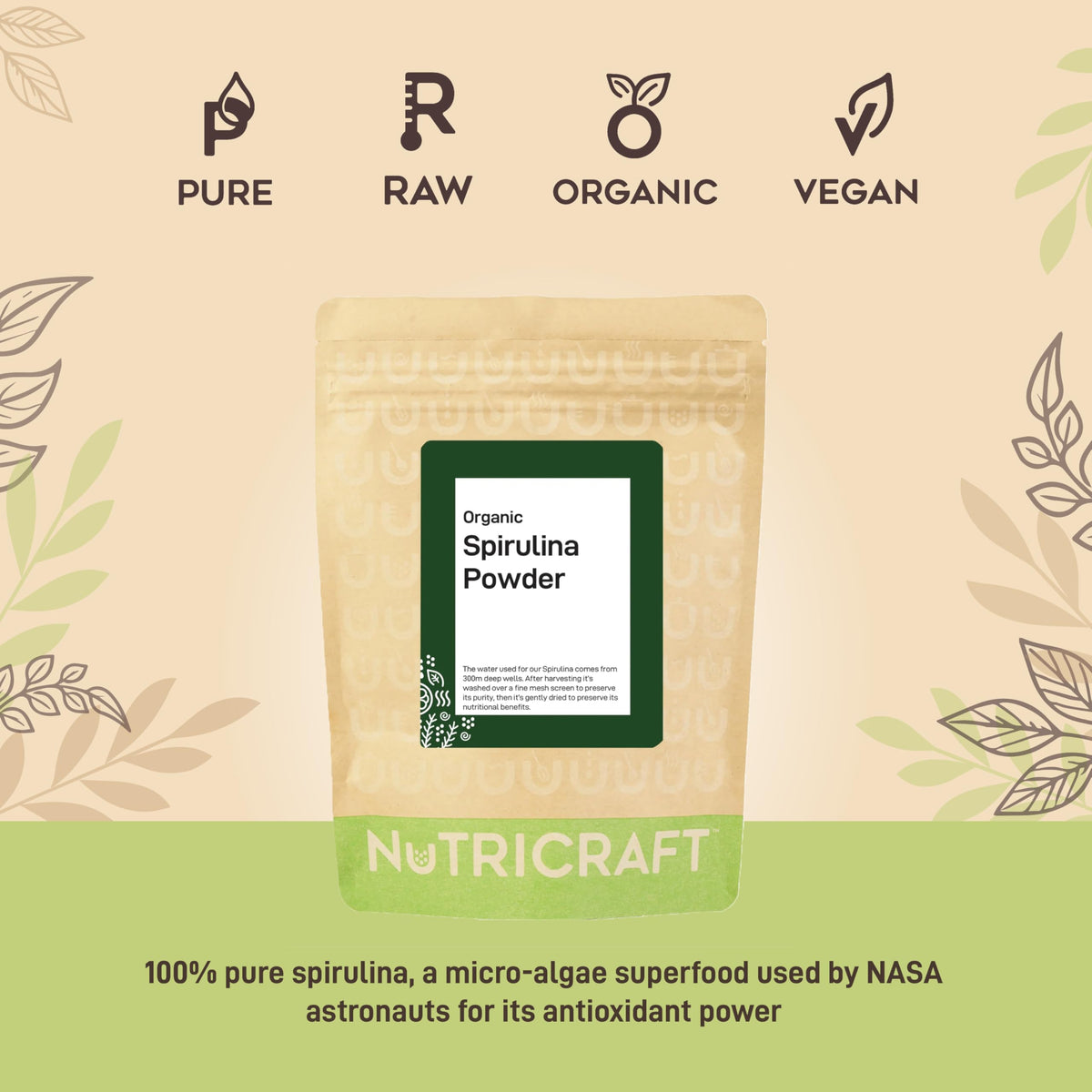 NutriCraft Pure Organic Spirulina Powder - 250g, High Protein, Antioxidant-Rich, Superfood for Smoothies, Juices, and Baked Goods, No Additives or Preservatives, Natural Immune System Booster