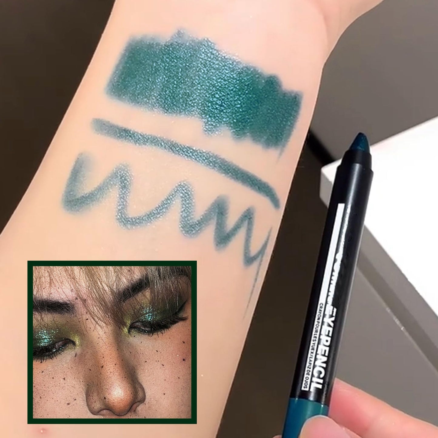 LYNTYAOU Green Shimmer Eyeshadow Stick, Jungle Green Eye Shadow Pencil, Creamy Metallic Glitter Eye Makeup Crayon, Deep Blue Color Highlight Brightener Pen, Smooth High Pigmented Eyeliner