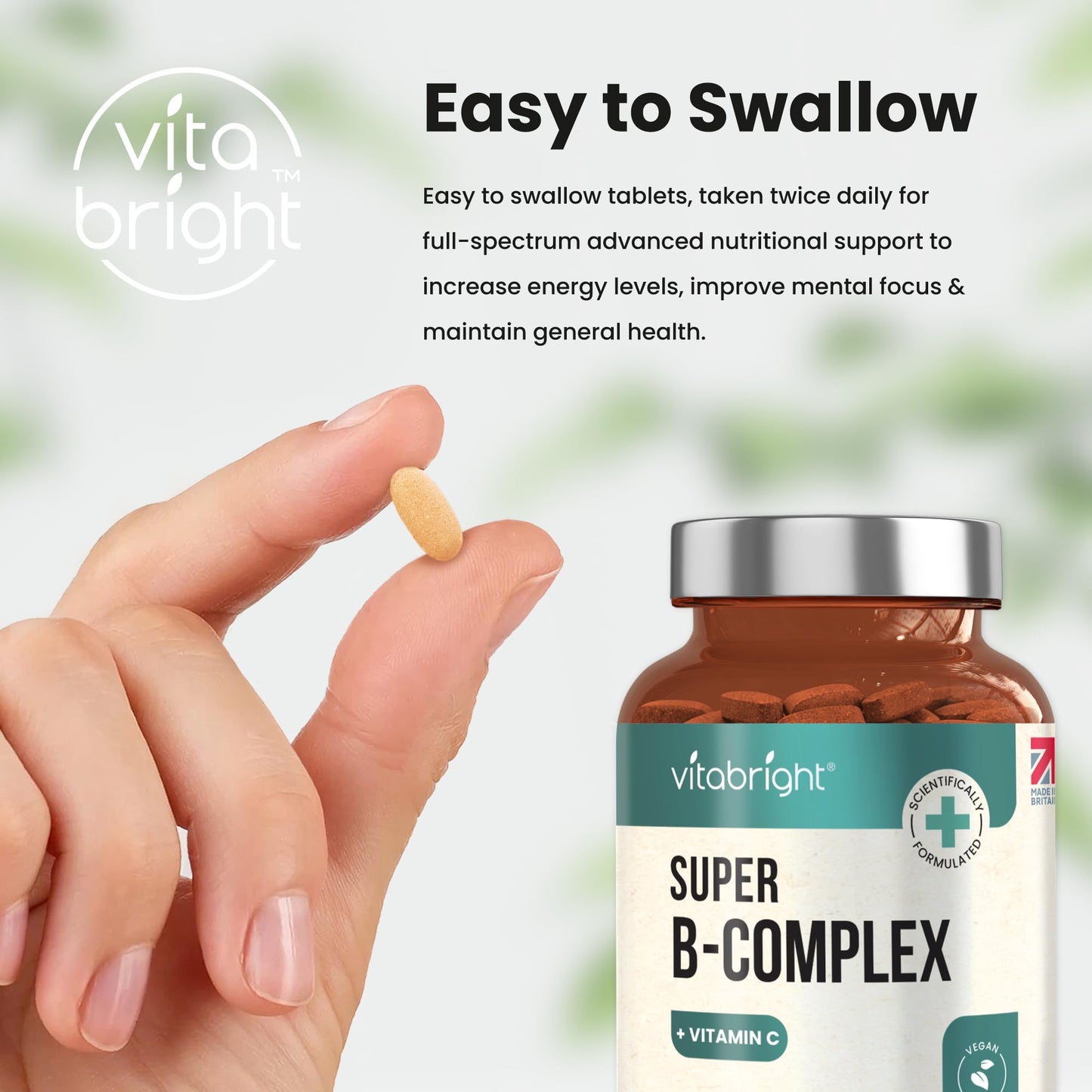 VitaBright Vitamin B Complex High Strength Methylated B Vitamins | B6 Vitamins with Folate & B12 Supplements | Complete Complex with 12 Active Nutrients | Not Liquid Drops Or Spray | Vitabright