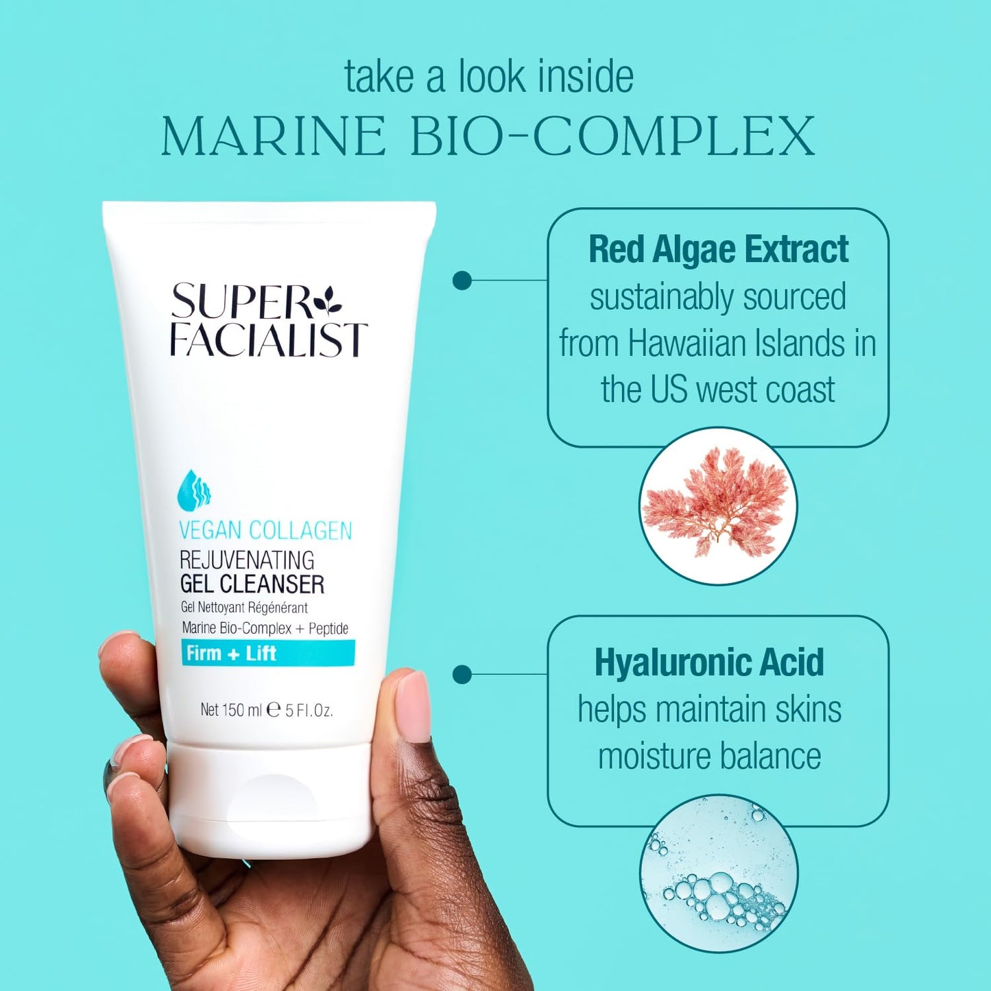 Super Facialist Vegan Collagen Rejuvenating Gel Cleanser - Firming, Smoothing & Plumping, Gentle Face Cleanser & Face Care with Marine Bio-Complex, Seaweed and Hyaluronic Acid, 150ml