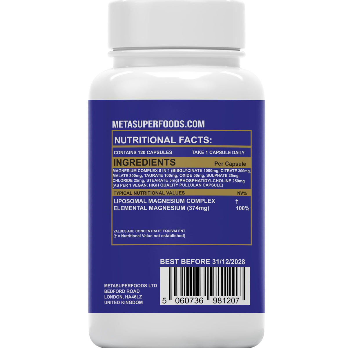 MetaSuperfoods Magnesium 8 in 1 Complex 2000mg | 4 Month Supply | Full Spectrum Elemental Mg Supplement | 120 High Strength Vegan Capsules | 8 in 1 Bioavailable Magnesium | 1 A Day | Gluten Free, UK Company