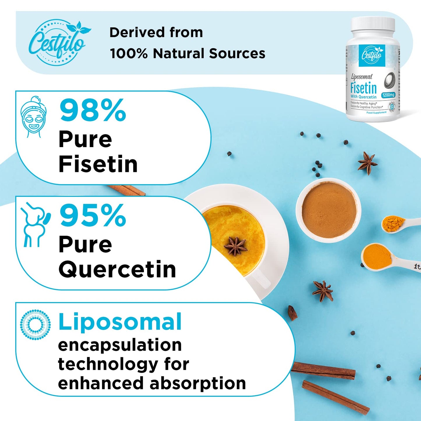 Cestfilo Liposomal Fisetin with Quercetin 1200mg | 98% Pure Fisetin | Patented Formula for Enhanced Absorption & Availability | High Strength Flavonol Complex | 60 Count (Pack of 1)
