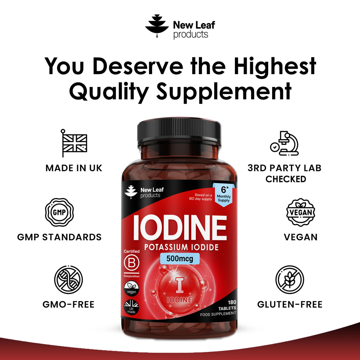 NEW LEAF PRODUCTS Iodine Tablets 100% RI - Vegan High Strength 180 Tablets Iodine Supplements, Natural Source of Iodine from Potassium Iodide, 6 Month Supply, GMO Free, Made in UK by New Leaf