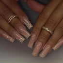 Ceboic 24Pcs Press on Nails Long Coffin French Tip False Nails Pink Gold Shiny Glossy Glue on Nails with Glitter Design 12 Sizes Artificial Stick on Nails for Women Girls DIY Manicure Decorations