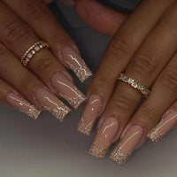 Ceboic 24Pcs Press on Nails Long Coffin French Tip False Nails Pink Gold Shiny Glossy Glue on Nails with Glitter Design 12 Sizes Artificial Stick on Nails for Women Girls DIY Manicure Decorations