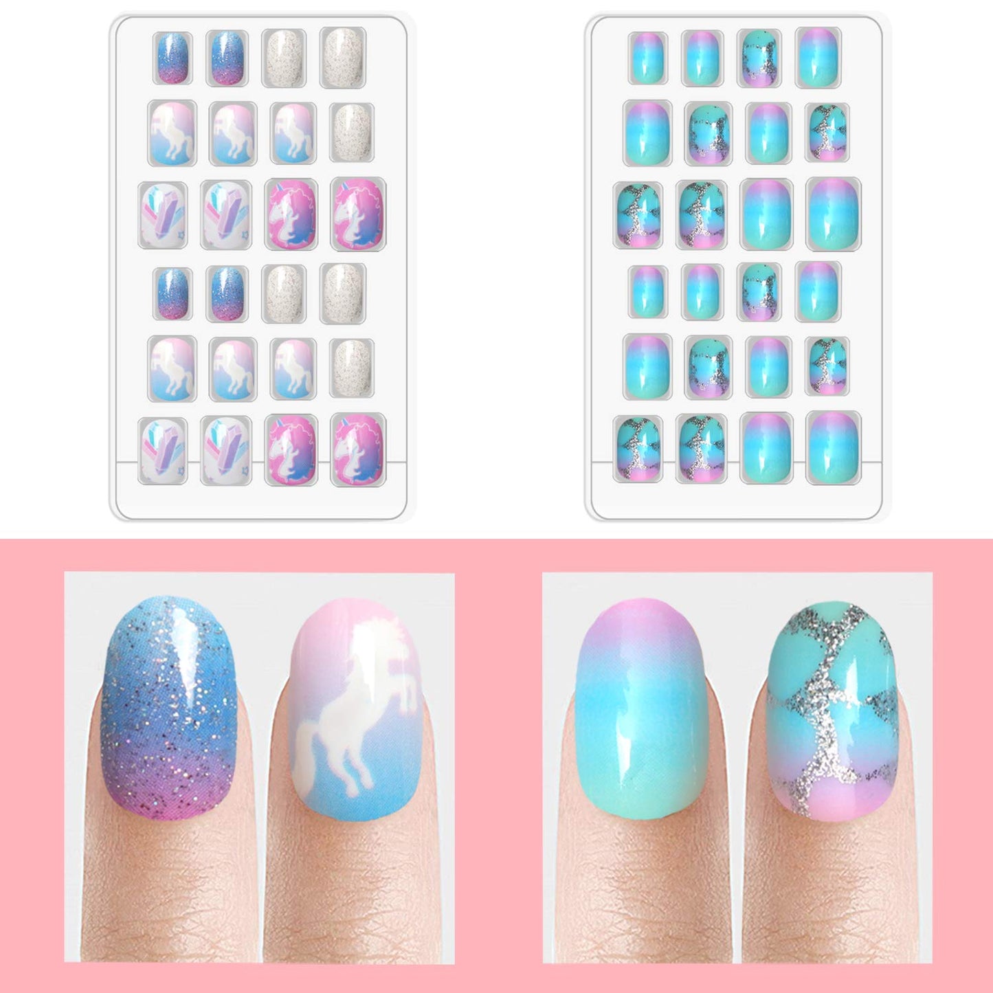 Laza 120pcs Nails Press On Pre-glue Full Cover Glitter Gradient Color Rainbow Sparkling Scale Wave AquariusShort False Nail Kits for Teenager Girls - Silver Pearl